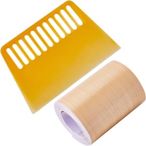3.4 Inch x 33Ft Wood Textured Adhesive Repair Tape Self Adhesive Patch Realistic Wood Grain Repair Tape with Plastic Putty Scraper High-Adhesive Repair Tape Simulation for Desk Chair Floor - Image 1