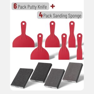 Putty Knife Set with Sanding Sponge, 10 pcs, Plastic Paint Scraper, Sandpaper Block, Putty Knives, Sandpaper Block Sander, Spackle Tool, Plastic Putty Knife Set - Image 2
